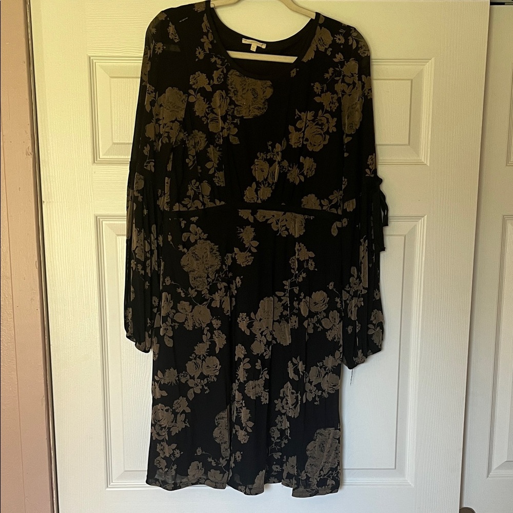 Mystree Black Sheer and Brown Velvet Floral Long Sleeve Dress